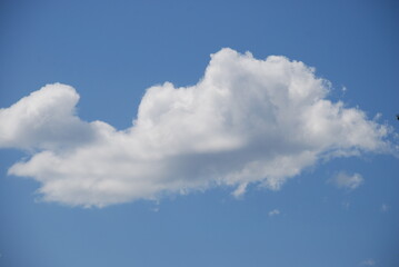 White fluffy cloud. Against the background of a clear light blue sky, a lonely large white cloud is somewhat reminiscent of a spaceship. The cloud is white at the top and gray at the bottom.
