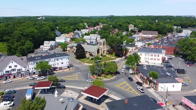 Cliftondale Square aerial view including Family United Methodist Church in historic town of Saugus near Boston, Massachusetts MA, USA. 