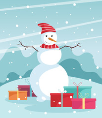 Snowman with gift boxes. Merry Christmas and Happy New Year. Vector flat illustration.