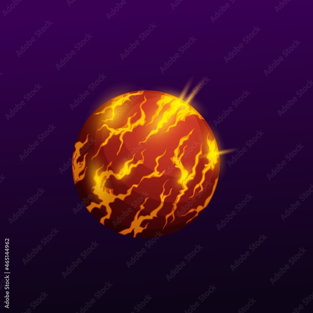 Poster outer space globe, burning planet in atmosphere with fire sparkles and lava magma isolated ui gui ga