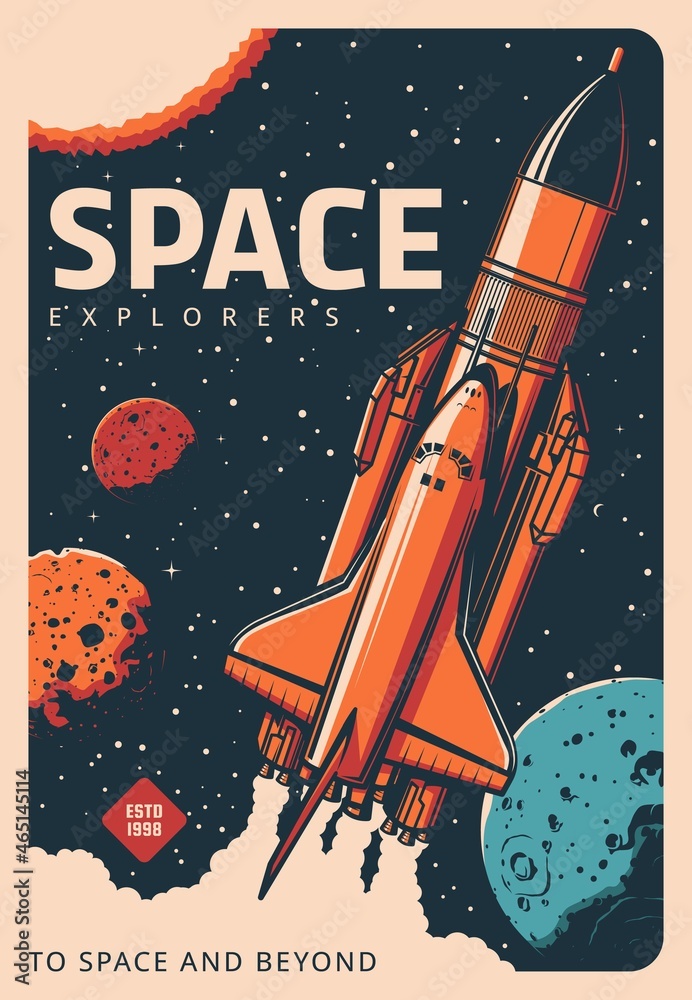 Poster Spaceship in galaxy retro poster. Space exploration and research, solar system planets colonization mission, space program vector banner with shuttle spaceship flying in cosmos among stars and planets
