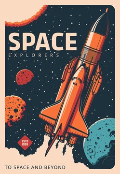 Spaceship in galaxy retro poster. Space exploration and research, solar system planets colonization mission, space program vector banner with shuttle spaceship flying in cosmos among stars and planets
