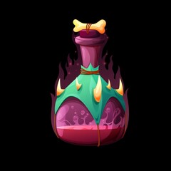 Death elixir potion bottle. Witch or sorcerer spell glass jar, fantasy poison or fairytale harmful liquid in spooky vial with bone, teeth and skin decoration, RPG game UI interface cartoon vector icon