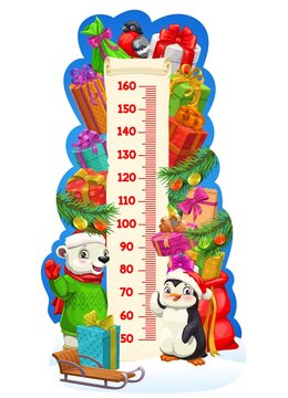 Christmas cartoon animals and gifts, kids height chart. Vector children growth measure meter with ruler scale, Xmas presents, cute funny bear and penguin, ribbon bows, Santa gift bag and sledge