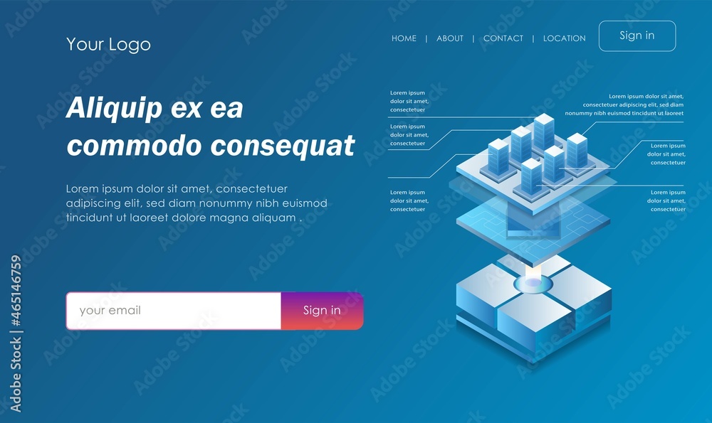 Poster isometric illustration concept. platform layer with building and network chips