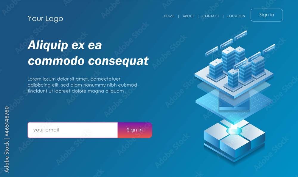 Aufkleber isometric illustration concept. platform layer with building and network chips
