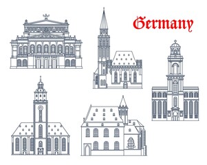 Germany, Frankfurt architecture buildings and travel landmarks, vector. Churches of St Catherine, Saint Paul and Leonhard, Old Opera concert hall and Alte Nikolaikirche, Frankfurt am Main, Germany