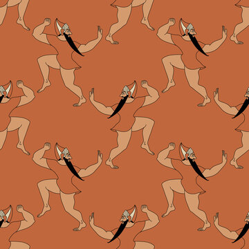 Seamless Ethnic Pattern With Dancing Bearded Ancient Etruscan Men. 