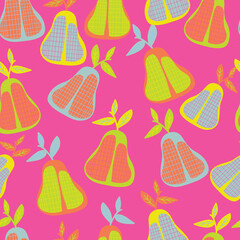 Pink with green, baby blue and orange pears seamless pattern background design.