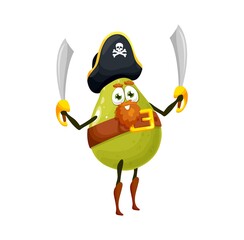 Pear or green tropical guava fruit pirate or buccaneer isolated funny cartoon characters. Vector playful corsair with two swords, in eye patch and hat with jolly roger, bearded juicy guavas kids emoji