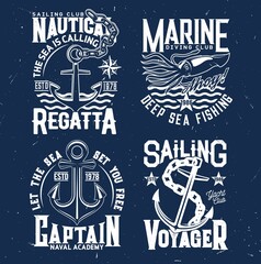 Obraz premium Tshirt prints with anchors and squid, regatta sea cruise vector emblems with ocean waves and typography on blue grunge background. Naval club team t shirt prints with armature, ocean marine journey
