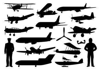 Airplane and pilot black silhouettes, vector aircraft, aviation and air travel. Vintage and modern planes, aviator and captain, biplane, jet airliner, monoplane and seaplane, propeller, control wheel - obrazy, fototapety, plakaty