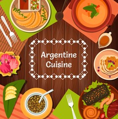 Argentine restaurant menu cover with vector Argentinian cuisine food. Barbecue meat asado with chorizo sausages and pork, empanada pies, yerba mate and vegetable soup, dulce de leche and ice cream