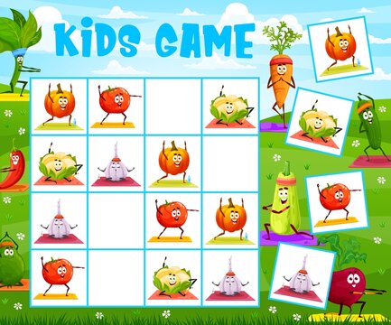 Sudoku kids game cartoon vegetables, yoga or pilates fitness, vector worksheet. Sudoku puzzle board game with pumpkin and carrot on yoga mat, garlic in meditation, cucumber and tomato on sport