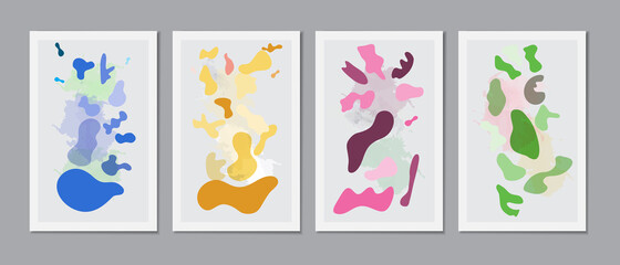 Trendy set of abstract creative minimal  hand painted compositions ideal for wall decoration, as postcard or  abstract modern graphic elements. Dynamical colored forms , Template for the design
