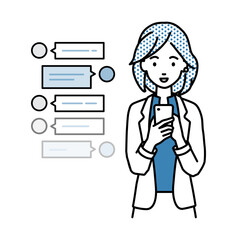 立ってスマートフォンで楽しくチャットで会話するジャケットの女性