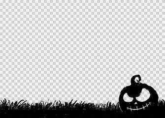 Halloween party banner  with black scary pumpkin face, grass field hand drawn brush stroke style isolated on png or transparent background, space for text, sale template ,website, poster,  vector