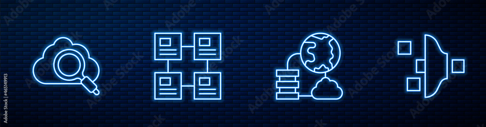 Aufkleber set line network cloud connection, search computing, hierarchy organogram chart and filter setting. 