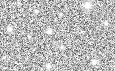 Silver glitter texture. White shining sparkles background. Festive template for greeting card. Christmas confetti backdrop for banner or brochure. Vector illustration