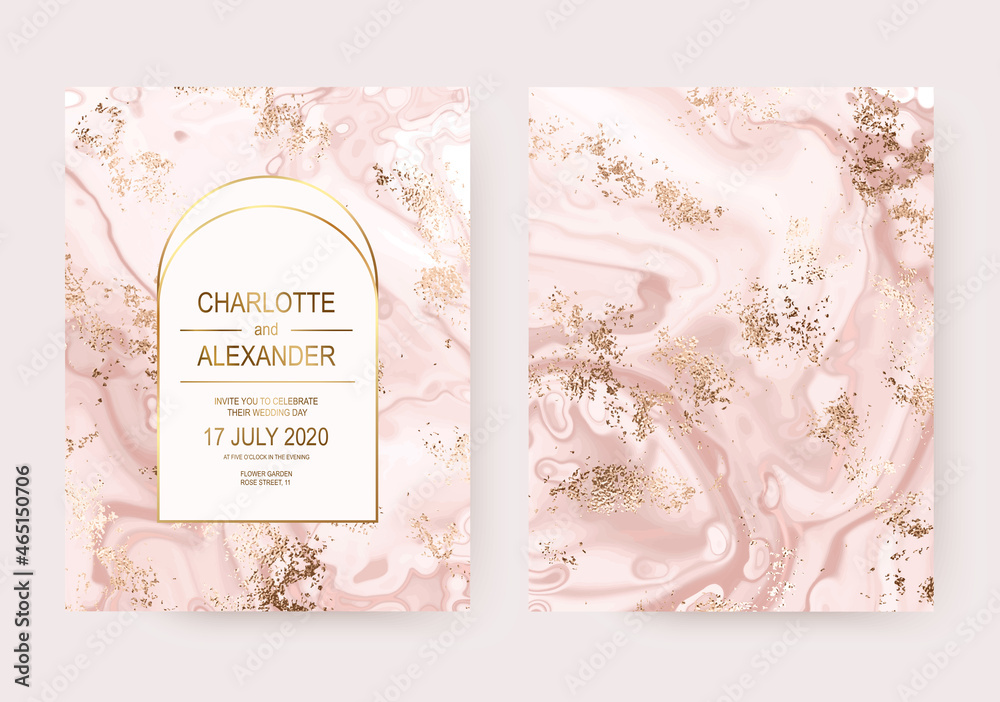 Wall mural Modern wedding invitation card design with gold dust and marble texture.