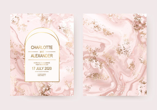 Modern wedding invitation card design with gold dust and marble texture.