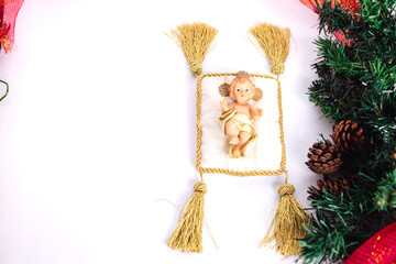 child god with pine branches on white background