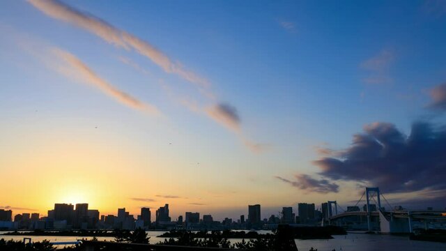 東京都市風景　夕日　タイムラプス　雲の動き　日没