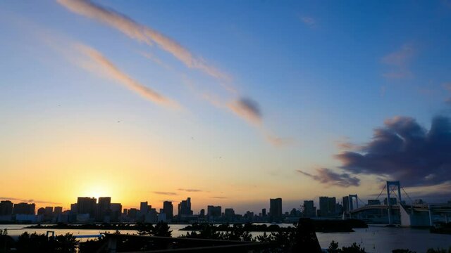 東京都市風景　夕日　タイムラプス　雲の動き　日没