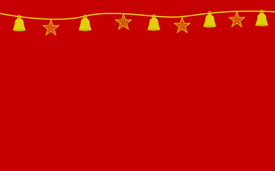 christmas garland with bells and stars on red background