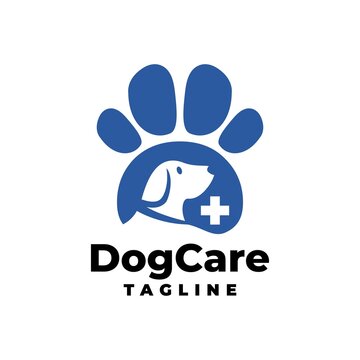 illustration of an animal footprint with a dog and cross symbol inside. dog care logo template.
