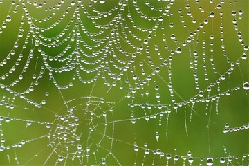 Spider web in morning dew. Created by spider in nature with green background. The air humidity gives drops on the wires.