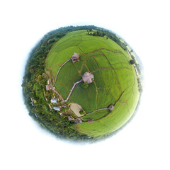 Aerial View Above Rural Village Rice Fields (Tiny Planet Spherical)