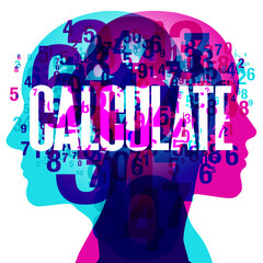 A male and female side silhouette positioned back-to-back, overlaid with various semi-transparent sized numbers. Overlaid across the centre is the word “CALCULATE”.