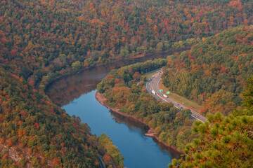 An Autumn view of the Delaware River and I-80 free way from the red dot  trail on the summit of Mount Tammany, Delaware Water Gap.
