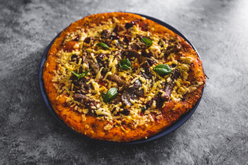 vegan grilled aubergine homemade pizza with dairy-free cheese, healthy plant-based food