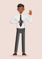 Businessman holding coffee cup and say hello character design. 3d vector illustration.