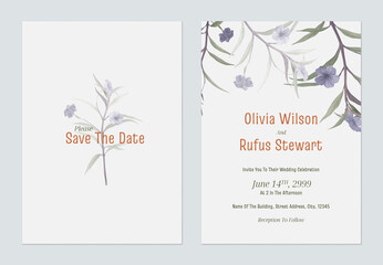 Floral wedding invitation card template, ruellia tuberosa flowers and line on grey