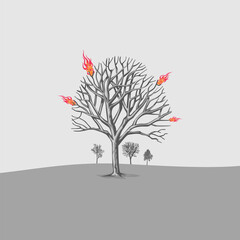 Simple illustration template of a burning tree. Global warming.