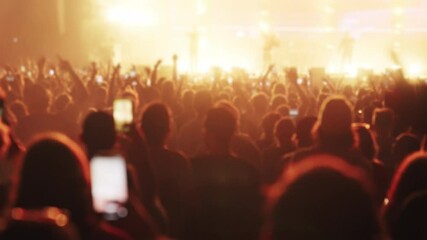 Crowd cheering on a music festival. Focus on dancing people recording with smart phones