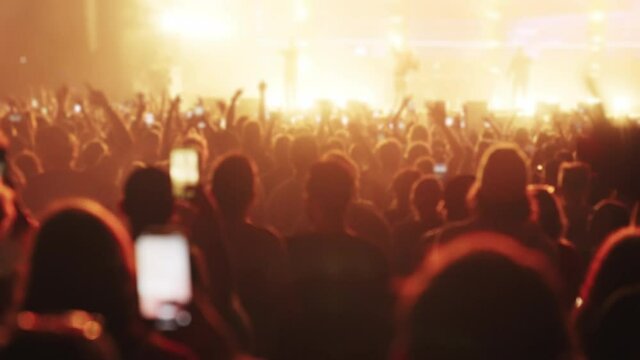 Crowd cheering on a music festival. Focus on dancing people recording with smart phones