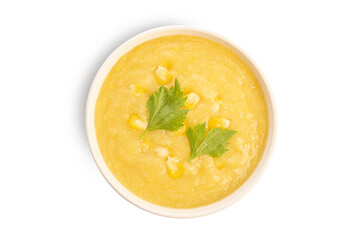 Corn soup in white bowl isolated on white background. 