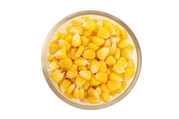 Corn kernels in a bowl isolated on white background.