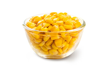 Corn kernel in glass bowl isolated on white background.