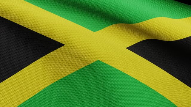 3D, Jamaican flag waving on wind. Close up of Jamaica banner blowing, soft and smooth silk. Cloth fabric texture ensign background. Use it for national day and country occasions concept.