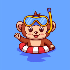 Monkey swimming vector cartoon illustration