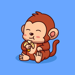 Little Monkey Eating Banana Cartoon Illustration