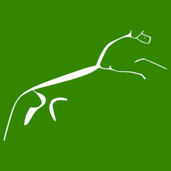 Uffington White Horse. Prehistoric hill figure from Oxfordshire in England. Celtic Iron or Bronze Age art. Pagan animal symbol. White silhouette on green. - obrazy, fototapety, plakaty