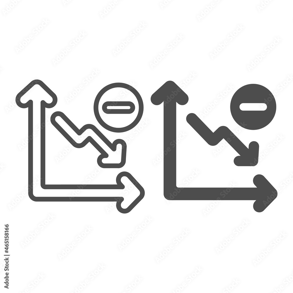 Poster declining graph with arrow going down and minus line and solid icon, diagram concept, chart vector s
