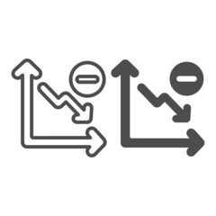 Declining graph with arrow going down and minus line and solid icon, diagram concept, chart vector sign on white background, outline style icon for mobile concept and web design. Vector graphics.