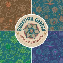 Seamless Repeating Nature Garden Pattern with Flowers, Plants, Birds, Cactus, Succulents, Bugs and Insects